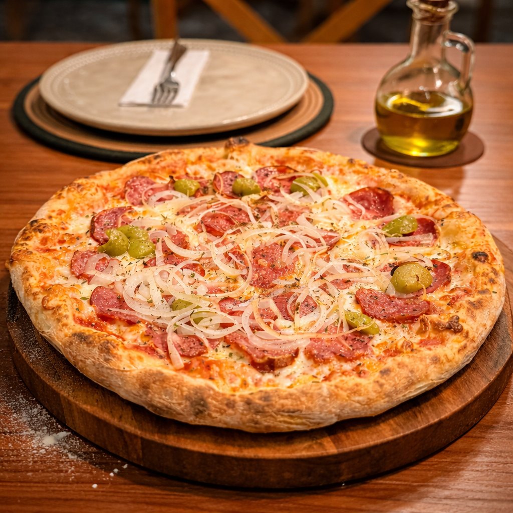 Pizza de calabresa da Grato Forneria, com cebola, azeitonas e borda inflada