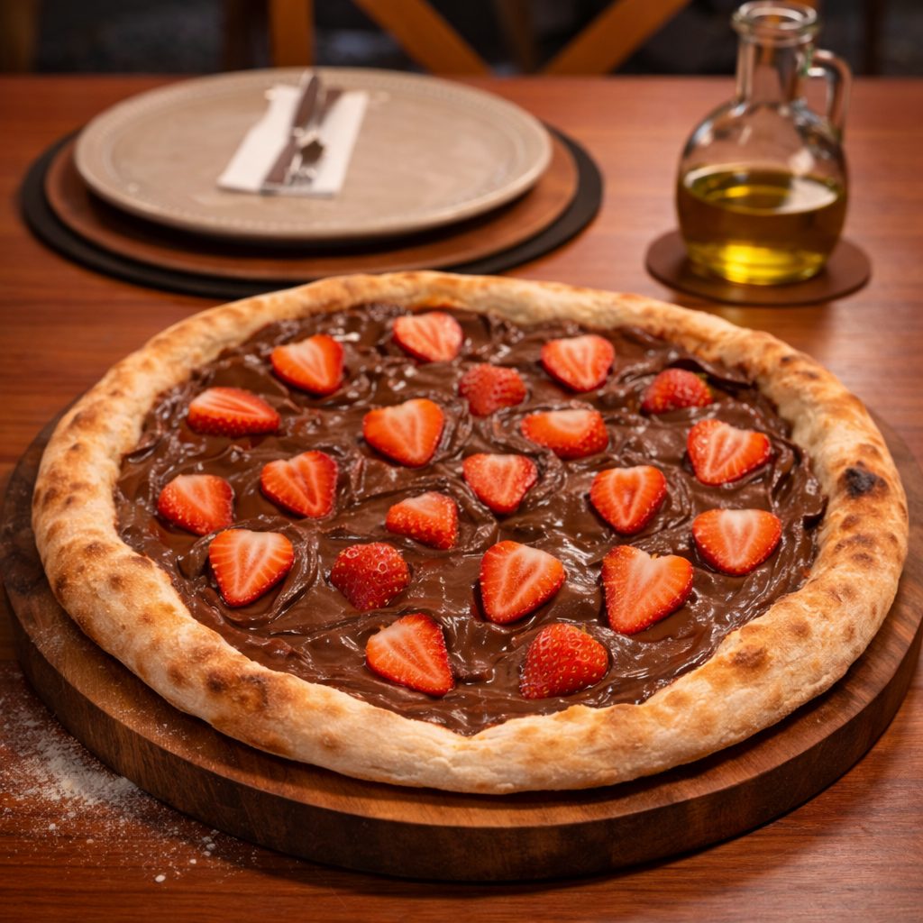 Pizza doce de Nutella com morango da Grato Forneria, com massa artesanal e borda inflada